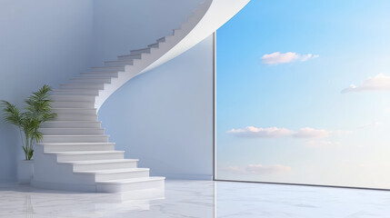 Obraz premium clean white staircase spirals elegantly towards bright blue sky, creating serene atmosphere