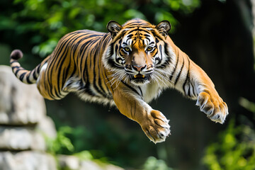 Obraz premium powerful tiger leaps through air with intense focus in lush forest