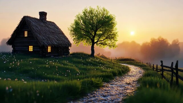 Serene sunrise over a rustic cottage with a tree, glowing windows, and a winding path