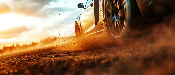 race car drifts on dirt track, kicking up dust in dynamic low angle shot