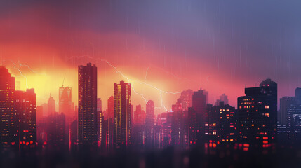 Fototapeta premium Dramatic city skyline during thunderstorm with vibrant colors and lightning
