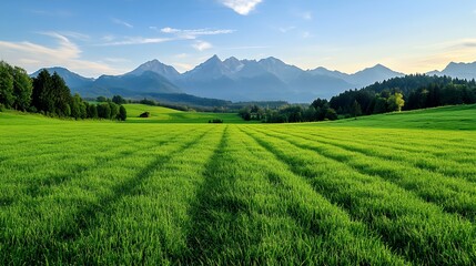 Fototapeta premium Green Field Leading to Majestic Mountains Under a Sunny Sky