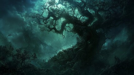 Obraz premium Enigmatic Night in the Dark Forest: A Mystical Ancient Tree Under a Gloomy Sky