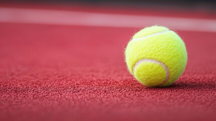 Close up of a tennis ball on a red court. Concept of sport, tennis, and recreation.