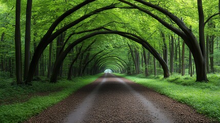 Obraz premium Green Forest Path with Arching Trees and Sunlight