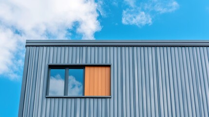 Fototapeta premium Exterior of a modern building with metal siding and a window reflecting the sky.