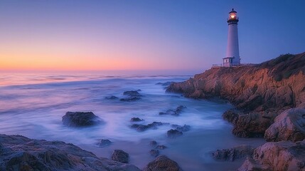 Obraz premium Serene sunset view of a coastal lighthouse on rocky shore.