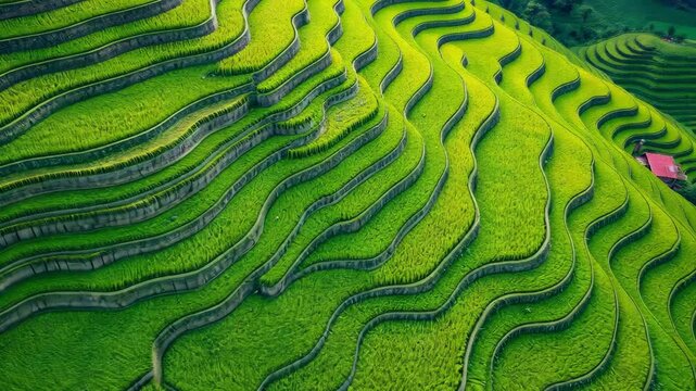 Lush Green Rice Terraces Landscape with Intricate Patterns and Textures in Agricultural Valley in Bright Daylight