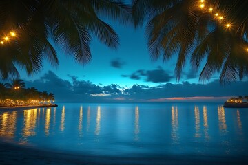 Beach nightscape with palms and string lights