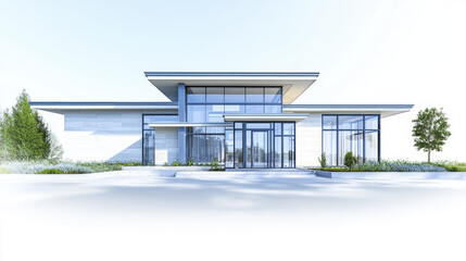 Modern single story building with large glass windows and sleek design
