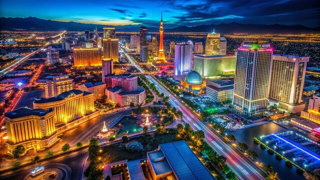 Aerial Night View of Las Vegas Strip & Freeway, Illuminated Cityscape, 4K Drone Photography