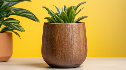 Green Plant in Dark Brown Textured Pot Against Yellow Background