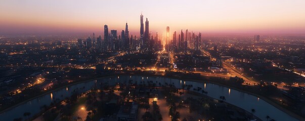 Naklejka premium Aerial view showcases a city skyline at sunset or sunrise