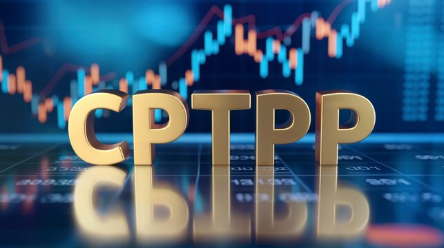 The 3D CPTPP Acronym with Financial Data and Stock Market Chart Background. Progressive Agreement for Trans-Pacific Partnership. Business Concept. Copy Space.