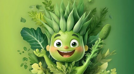 Fototapeta premium Joyful Green Character 3D Render: Vibrant Vegetable Illustration AI Generated
