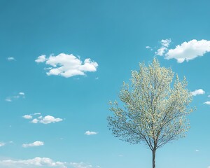 Blossom tree under bright blue sky and clouds