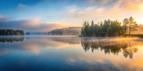 Fototapeta premium Dense fog rolling in over a misty lake at dawn , peaceful, serene, peaceful, serene, fog, lake, mist