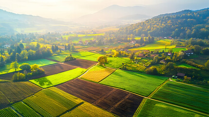 Aerial view of autumnal farmland valley sunrise, rural village, misty mountains