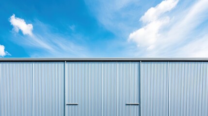 Fototapeta premium Metal wall with blue sky and clouds. Abstract background with corrugated metal sheet and sky.