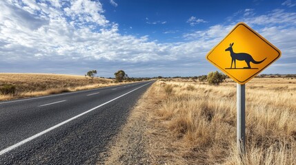 Right-facing yellow road sign featuring a kangaroo silhouette, bordered by an expansive open road to the left