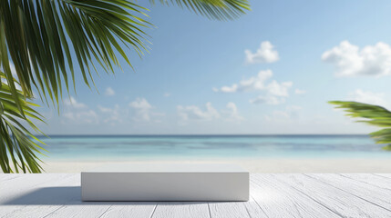 serene tropical beach scene featuring blank platform surrounded by palm leaves, perfect for showcasing products or messages