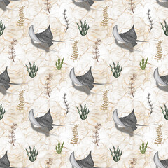 Seamless pattern with watercolor illustrations of stingray. Pattern for kids textile, fabric. 