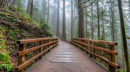 Obraz premium Enchanting Forest Trail, A Wooden Bridge Beckons Amidst Towering Trees and Misty Serenity
