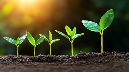 Green Seedlings Growing in Soil, Sunlight Backlit