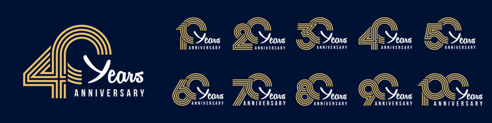 collection anniversary 10 to 100 year logo designs. abstract number for celebration event, wedding, greeting card, and invitation, vector illustration