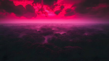 Naklejka premium Aerial view of misty forest at dramatic sunrise, pink cloudscape, atmospheric mood, fantasy art