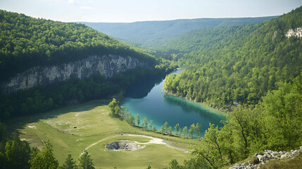 High angle view of a turquoise lake nestled in a valley surrounded by lush green forests and hills.  Possible use nature, travel, landscape
