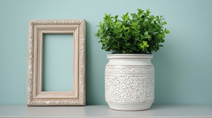 Fototapeta premium Empty frame and plant on a shelf against a blue wall. Concept of home decor, interior design, and decoration.