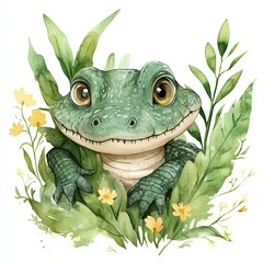 Fototapeta premium Cute frog surrounded by green plants and yellow flowers in a whimsical natural setting