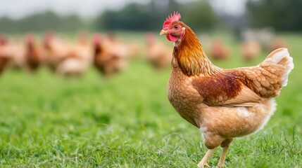 A brown hen stands in a green field with other hens in the background. Concept of poultry farming and free range chickens.