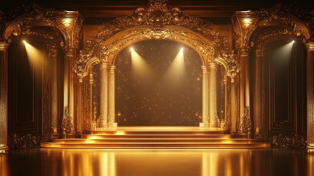 Ornate golden archway with stage, spotlights illuminate a grand, luxurious setting. Perfect for award shows, product launches, or luxury brand promotions.