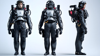 Fototapeta premium Three men in space suits are shown in different poses