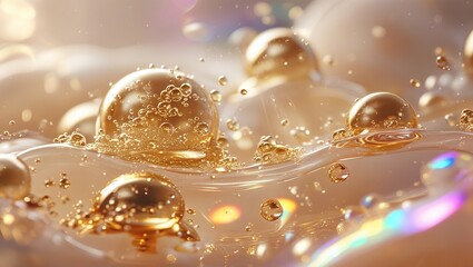 Fototapeta premium Sparkling Oil Drops on Glossy Surface with Warm Light