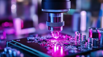 Close-Up of Microchip Under Magnifying Lens with Colorful Lighting