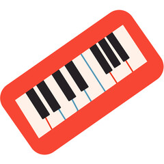 Fototapeta premium This image is an illustration of a colorful electronic keyboard or synthesizer. The keyboard features a red body with a red panel on top, which includes three circular buttons