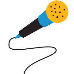 The image depicts a simple illustration of a microphone. The microphone has a yellow head with black dots representing the mesh, a blue body, and a black handle. A black cord extends from the bottom o