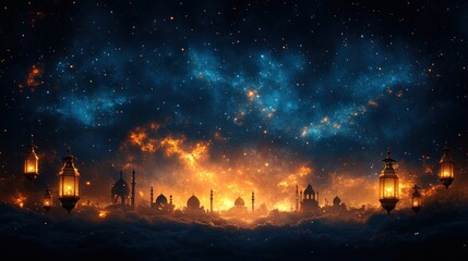 Magical night cityscape with glowing lanterns and a vibrant starry sky above a cloudy landscape.