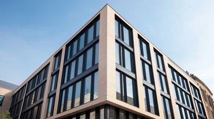 Modern office building with glass windows against a blue sky. Architecture and urban landscape concept.