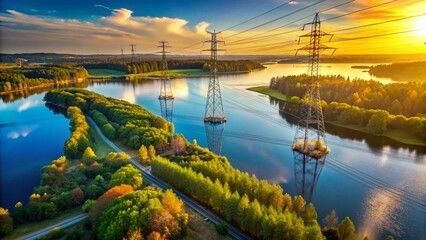 Aerial View: High-Voltage Power Lines Beside Serene Lake