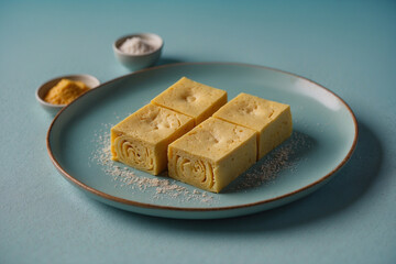 Golden tamagoyaki arranged on a light blue plate with a soft pastel background enhancing its delicate texture and color