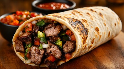 Grilled Beef Burrito with Salsa and Vegetables on Wooden Board