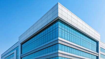 Modern office building with glass windows against a blue sky. Architecture and design concept.