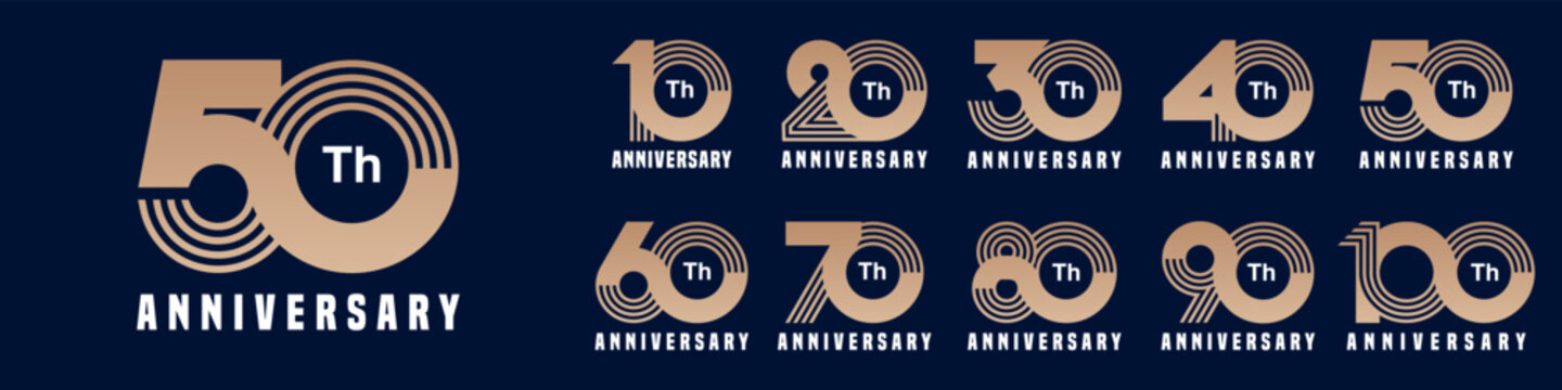 collection anniversary 10 to 100 year logo designs. abstract number for celebration event, wedding, greeting card, and invitation, vector illustration
