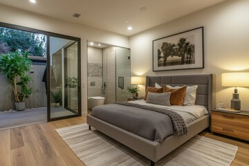 Fototapeta premium Modern bedroom with ensuite bathroom and outdoor access.