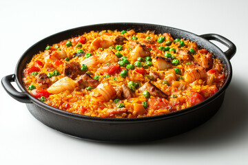 Close-up of a delicious  Paella (A Spanish rice dish cooked with saffron, seafood, meat, and vegetables.)