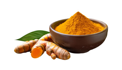 Turmeric Powder in a Clay Bowl with Fresh Turmeric Root, Transparent Background PNG